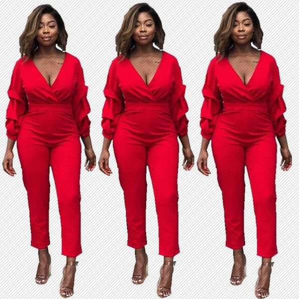 

h8826 v-neck european and american fashion womens long sleeve pile sleeve jumpsuit spot, Gray