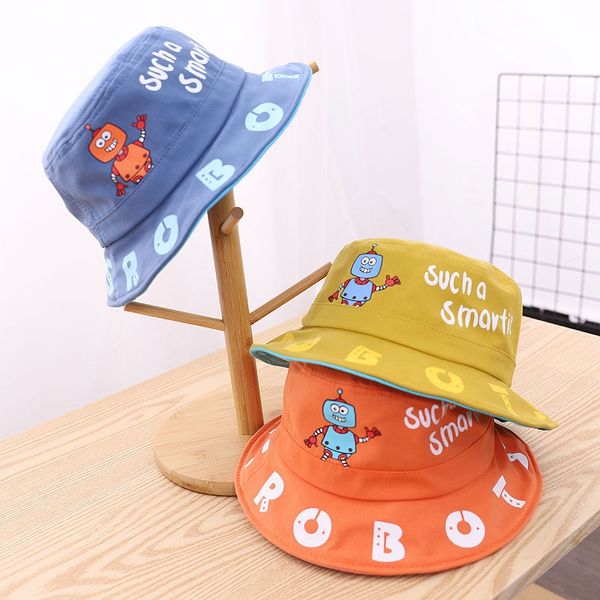 

bida children's cartoon robot big brim sunshade baby basin korean bucket bucket hat baby fisherman hat new style, Yellow