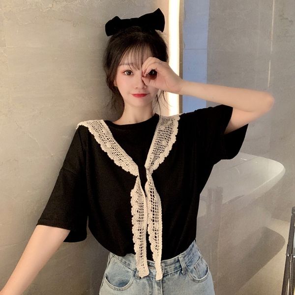 

2020 new korean style online red foreign style loose t-shirt women lace hook shawl two-piece suit ins lace shawlt-shirt shawlfashion, White