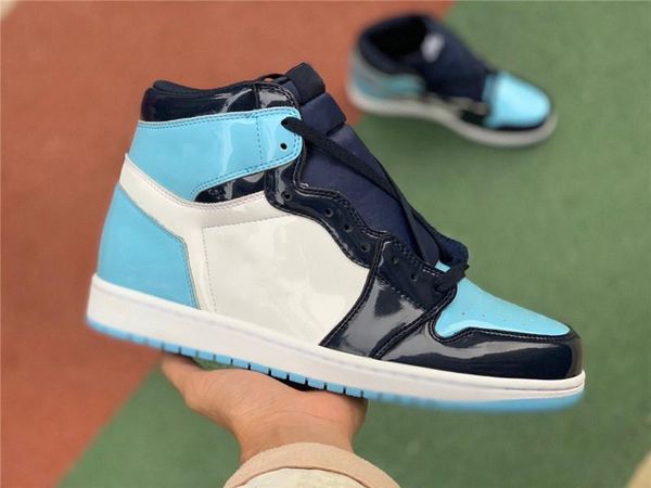 

with box 1 high og unc patent wmns asg obsidian blue chill white men women basketball shoes 1s all-star game sneakers