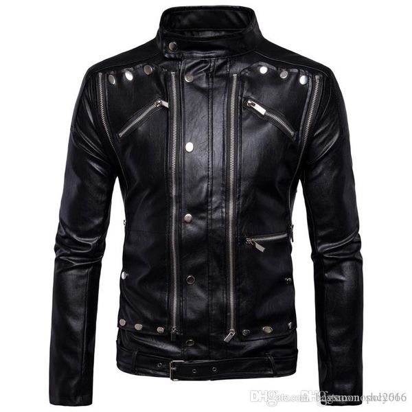 

selling new mens motorcycle jacket multi-zip men's leather jacket windproof warm jacket fashion luxury designer denim outerwear, Black