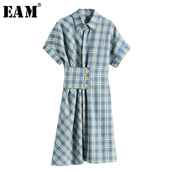 

[eam] women blue plaid pleated irregular shirt dress new lapel short sleeve loose fit fashion tide spring summer 2020 1x744, Black;gray