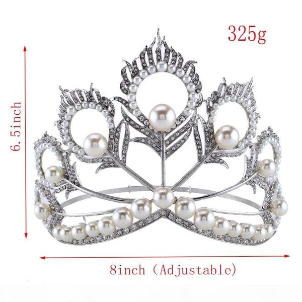 

new arrival big size 2017 miss universe same crown full round adjustable silver pearl peakcock feather tiara pageant y19051302, Slivery;golden