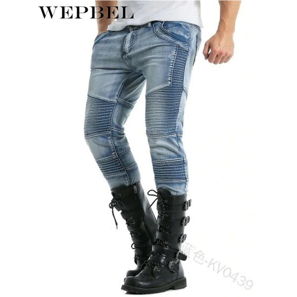 

wepbel runway ruched slim elastic jeans denim biker jeans mens vintage skinny, Blue