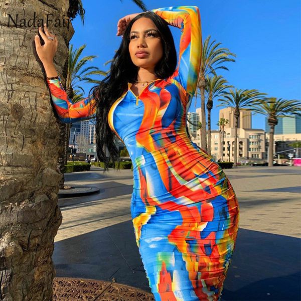 

nadafair print long sleeve turtleneck autumn dress zipper ruched tight bodycon dress 2020 winter midi dresses women party, Black;gray