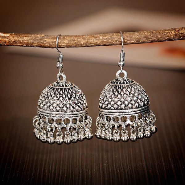 

women's silver color beads tassel jhumka earrings ethnic gypsy gold alloy big bell drop earring fashion jewelry