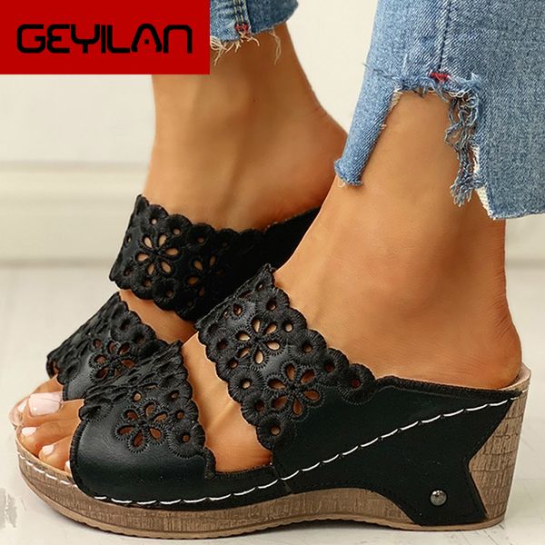 

hollow out pu women sandals platform wedges mid heel solid retro female casual ladies shoes muffin bottom zapatos de mujer, Black