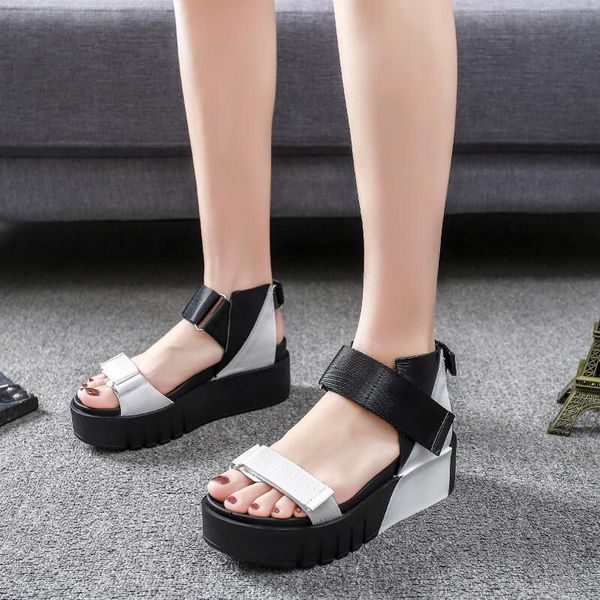 

женщины сандалии 2020 летние кожаные туфли женщина дышащие сандалии клинья платформы леди удобные ботинки студентов xxd20-8, Black