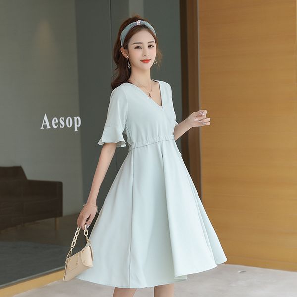 

2029# maternity clothes summer chiffon v neck short sleeve loose stylish slimming dress for pregnant women pregnancy clothes, White