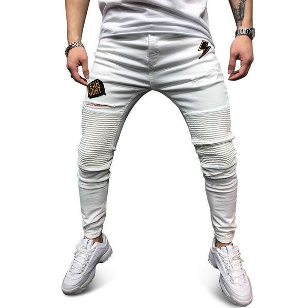 

embroidery men skinny jeans rip jeans frayed denim pant casual pants slim fit pant white men, Blue