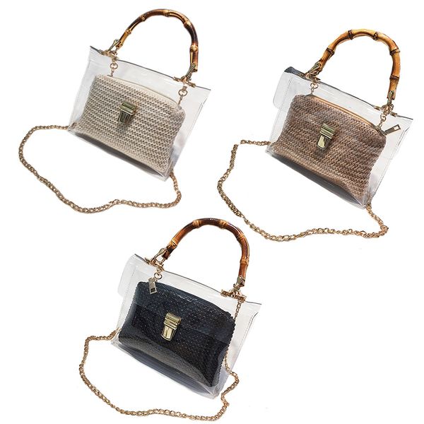 

jhd-transparent bag for women handbag with bamboo handle summer small chain crossbody bags ladies straw beach bags