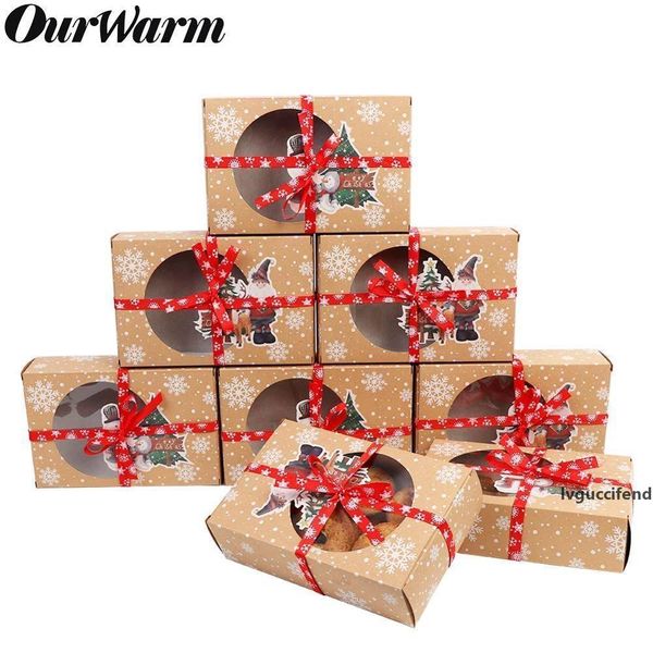 

ourwarm 12/24pcs kraft paper christmas cookie gift boxes with clear window 18*12*5cm new year favors boxes for cookies treats t200229