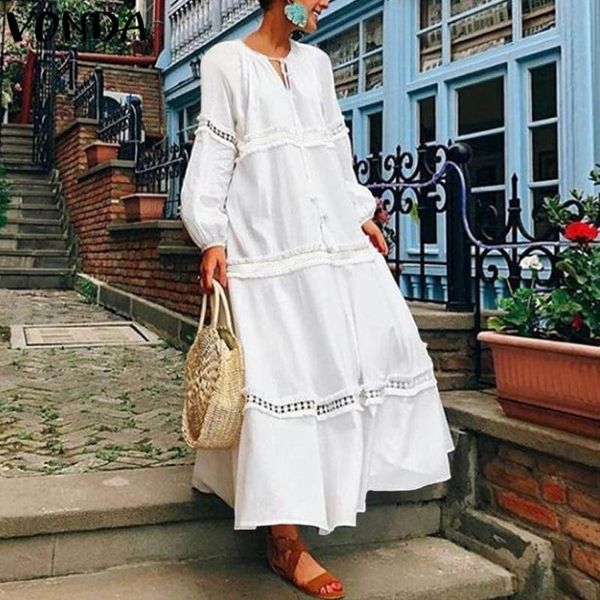 

vonda bohemian women maxi dress 2020 autumn v neck hollow out long lantern sleeve loose dresses casual solid vestido plus size, Black;gray