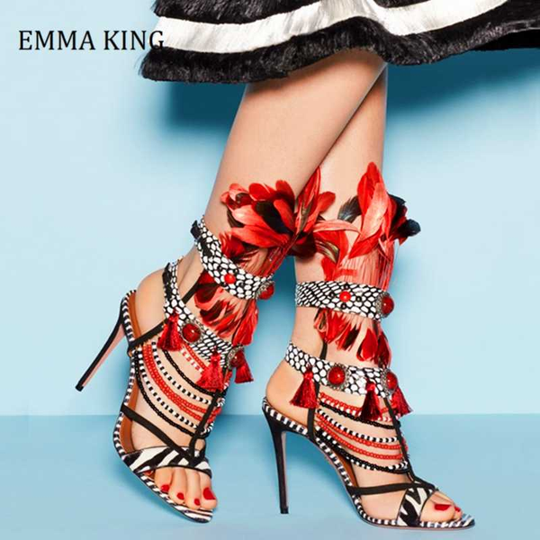 

mixed colors red feather women sandals open toe high heel buckle strap women party shoes adies fur sandals t show party shoes, Black