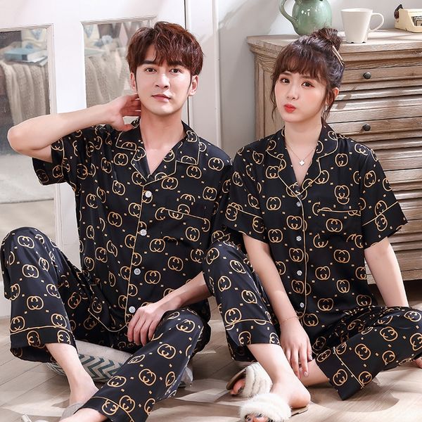 

2020 couple pajamas short-sleeved thin large size men's clothes home silk two-piece suit ice silk home wear summer, Blue;red