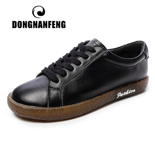 

dongnanfeng women's female ladies mother girl woman cow genuine leather white shoes flats lace up non slip soft autumn jz-19228, Black