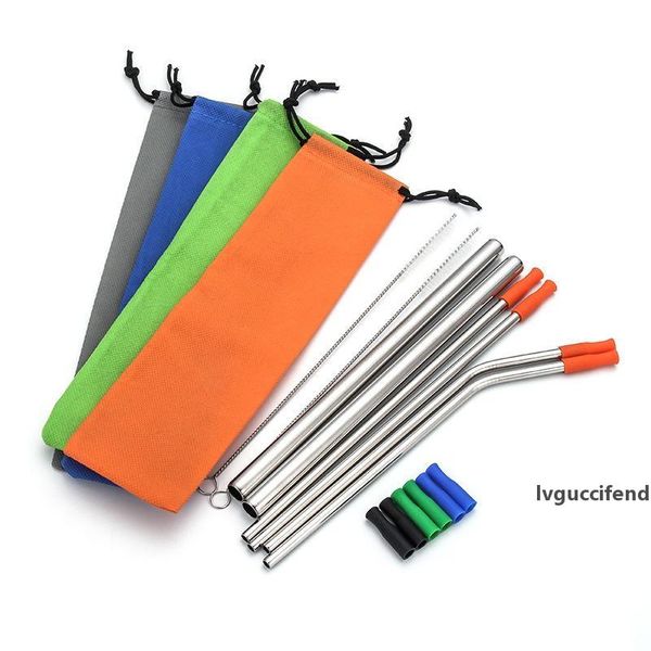 

reusable drinking straws set stainless steel metal straws with cleaning brush and bag straight bent juice bubble tea straws