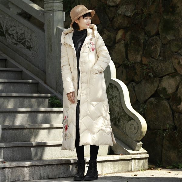 

ff6gb s9123 winter clothing embroidered buckle lengthened loose large size artistic ethnic style cotton-padded down jacket white duck down c, Black