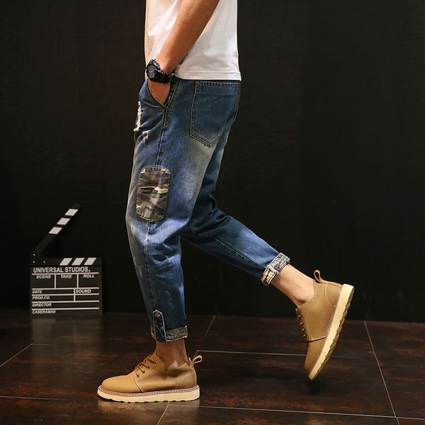 

девять пунктов джинсов мужского моды бренд джинсы 9-точечные 9-ка фены 9 фенов ки потерять большой размер шаровары улицы нищих отверстий 9-т, Blue