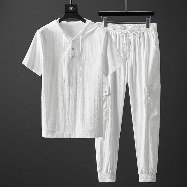 

men's tracksuits white men tracksuit (t-shirt+pants) luxury hooded short sleeve casual male sets fashion slim fit sport summer man, Gray