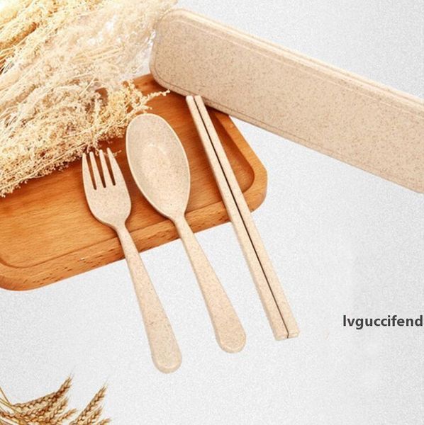 

wheat straw travel tableware cutlery set with dinnerware case eco-friendly spoon fork chopsticks set outdoor portable flatware lxl868