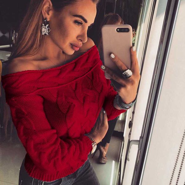 

2020 new autumn winter long sleeve pullovers women creative off shoulder knitted sweater fashion lady sweater, White;black