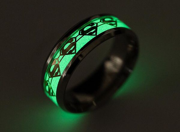 

superman rings mens ring luminous for men black gold silver stainless steel women rings glow in the dark male ring jewelry, Golden;silver