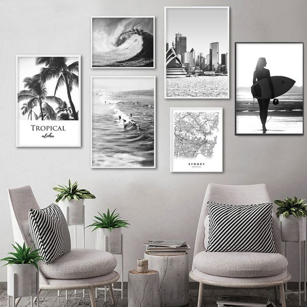 

black white ocean waves landscape canvas posters prints sydney city map wall pictures painting for living room home decor