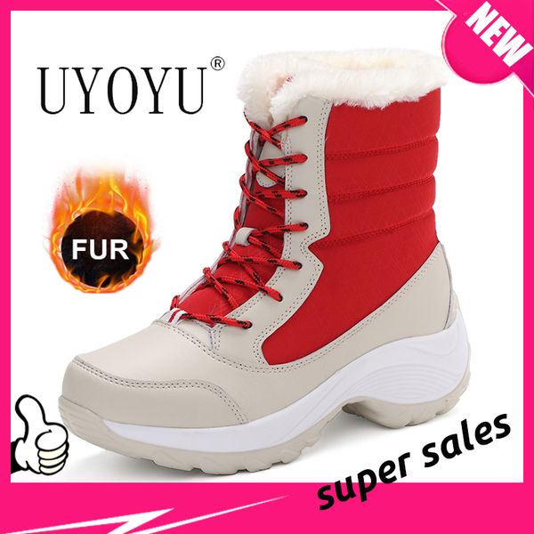 

uyoyu новая зима женщины boots высокое качество держите теплый mid-теленок snow boots женщины шнуровке комфортные женские chaussures femme, Black