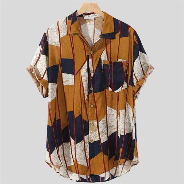 

men's casual shirts hawaiian print shirt 2021 men contrast color geometric button short sleeve loose streetwear oversize camisa masculi, White;black