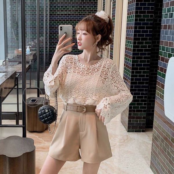 

6e8pe малого tall топа кружево шорты западный стиль костюм женщины лето 2020 новый интернет-знаменитость полого из кружева верхней ширины но, Black;gray