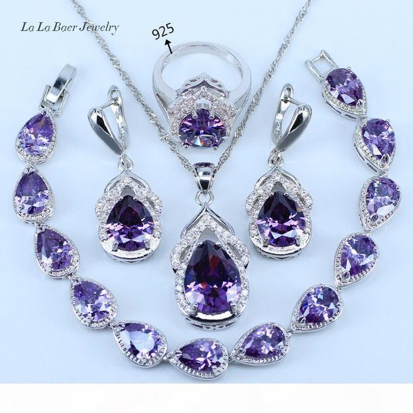 

l&b wedding present purple crystal white zircon jewelry sets 925 logo silver color women bracelet earrings necklace ring