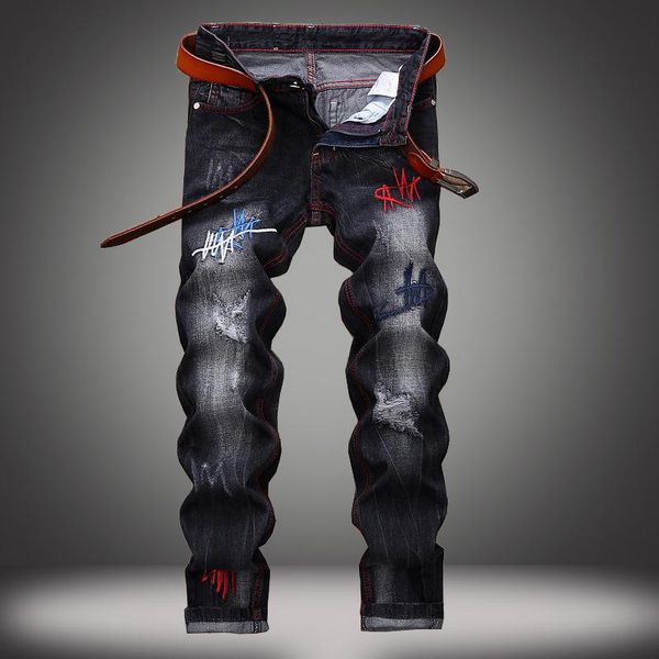 

men's jeans elastic trousers zipper decoration trendy distressed biker, Blue