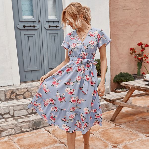 

2020 New And Hot sale Lady V neck Short Sleeve Printed Casual Dress For Summer