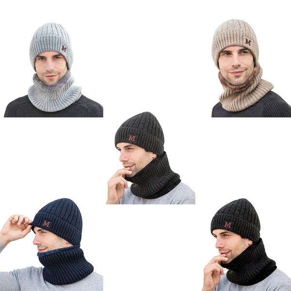 

2020 new beanie hat scarf set autumn winter men fluffy knitted cap neck warmer headwear outdoor fashion warm caps, Black