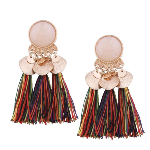 

girls exaggerated alloy resin tassel jewelry bohemian style fashion popular multicolor earrings, Golden