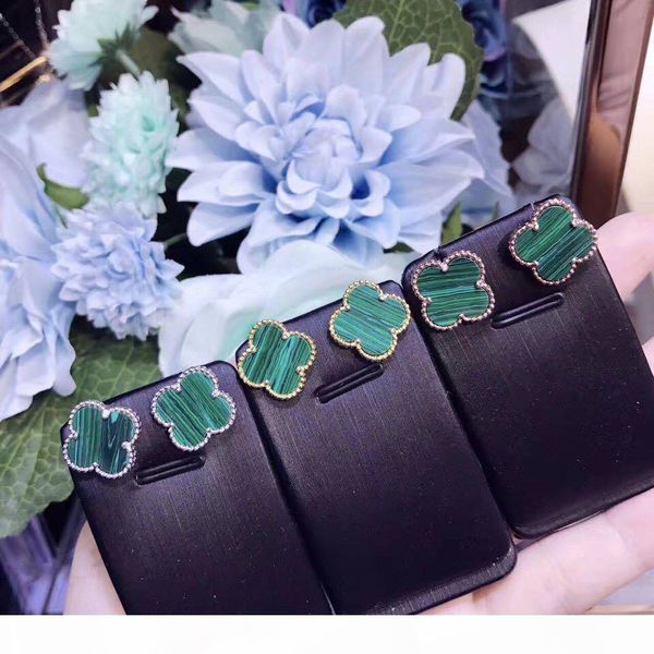 

famous vintage sterling silver magic alhambra green ceramic four leaf clover flower charm stud earrings for women jewelry, Golden