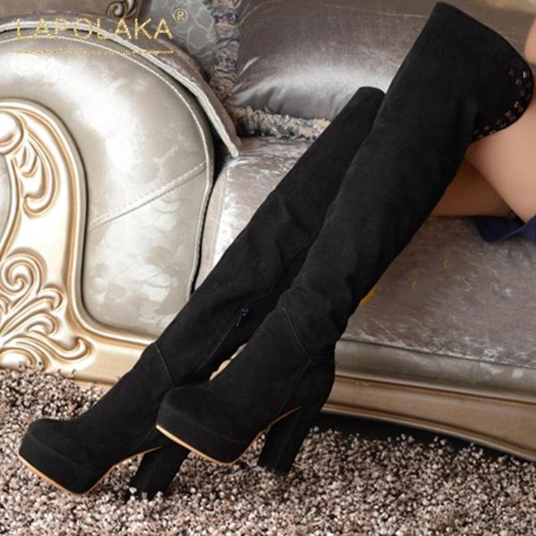 

lapolaka new fashion plus size 48 platform over the knee boots woman shoes zip up chunky high heels concise shoes lady boots, Black