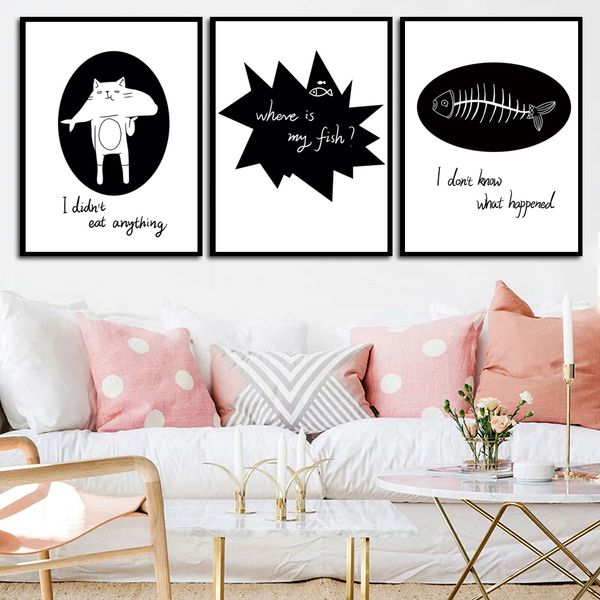 

абстрактный черный и белый изображение сом письмо симпатичный мультфильм холст картина стены искусства постеры и распечаток для гостиной dec