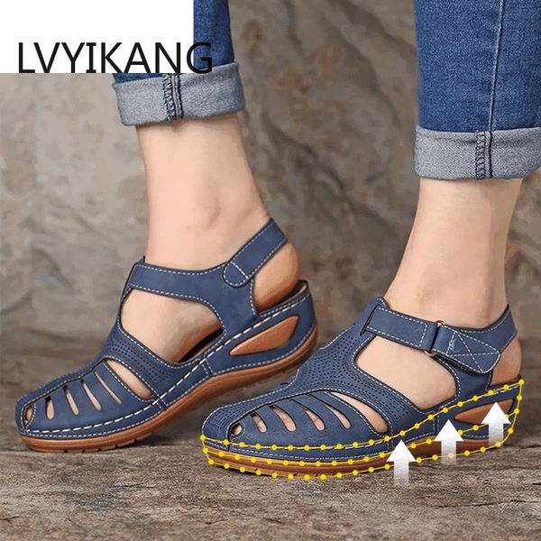 

34-44 лето женщины сандалии клин женщины лодыжки hollow vintage plus размер soft-бич sole hook loop повседневная обувь женская обувь, Black