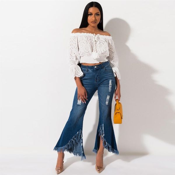 

women's casual hole hem wide leg denim trousers, Blue