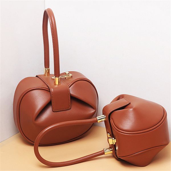 

2020 new pure color genuine leather bell shape bag women luxury dumpling handle bag lady bell shape tote handbag