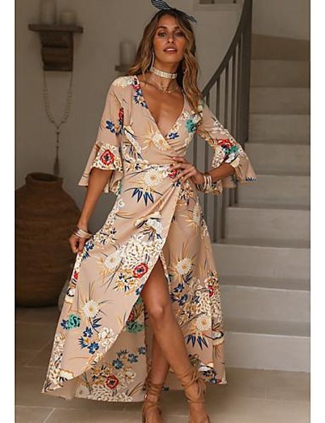 

2020 v lead printing dress seaside on vacation sandy beach low chest longuette, Black;gray
