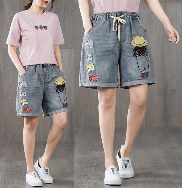 

rq5de 2020 new large size loose fashion cloth embroidered elastic waist lace-up comfortable casual denim shorts embroidery fabric shorts fab, Blue