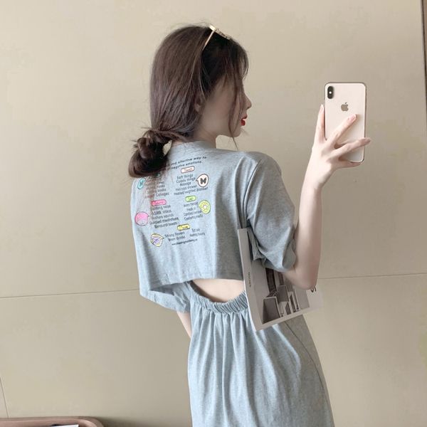 

gonegoing 2020 summer new -3xl women off waist backless dress short sleeve long split slim dress, White