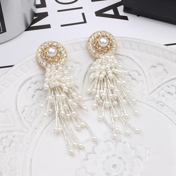 

mengjiqiao korean new vintage simulated pearl tassel drop earrings for women elegant shiny zircon round brincos party jewelry, Silver