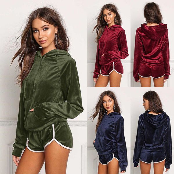 

tracksuits women 2 piece set sports shorts fashion o-neck pure color skirt pullover streetwear velour fitness lounge, White