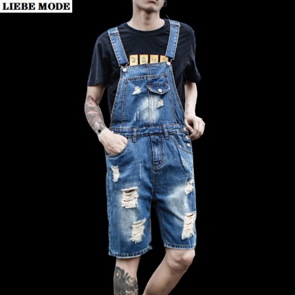 

plus size fashion men's ripped jeans jumpsuits shorts streetwear summer distressed denim bib overalls for man suspender pants, Blue
