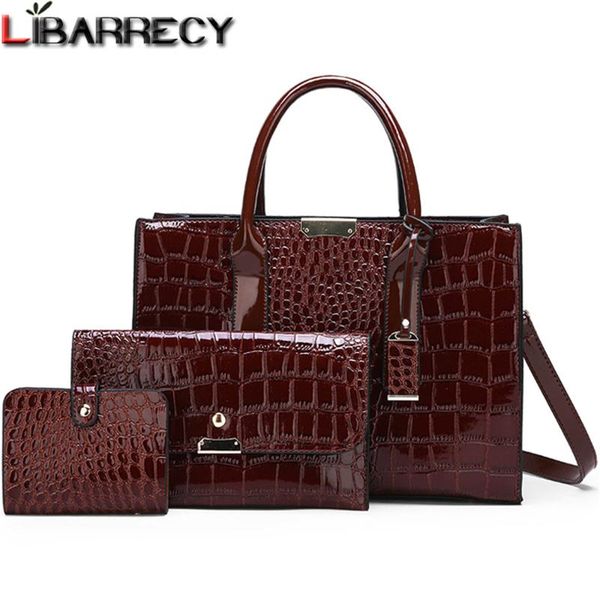 

3pcs/set vintage crocodile pattern women handbags quality patent leather travel shoulder bags female luxury tote messenger bags