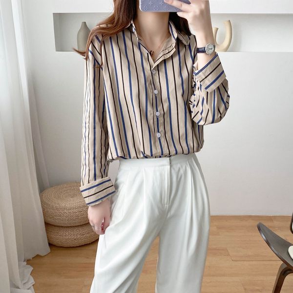 

women's design sense niche loose korean style 2020 autumn long coat shirt sleeve striped shirt coat ol, White